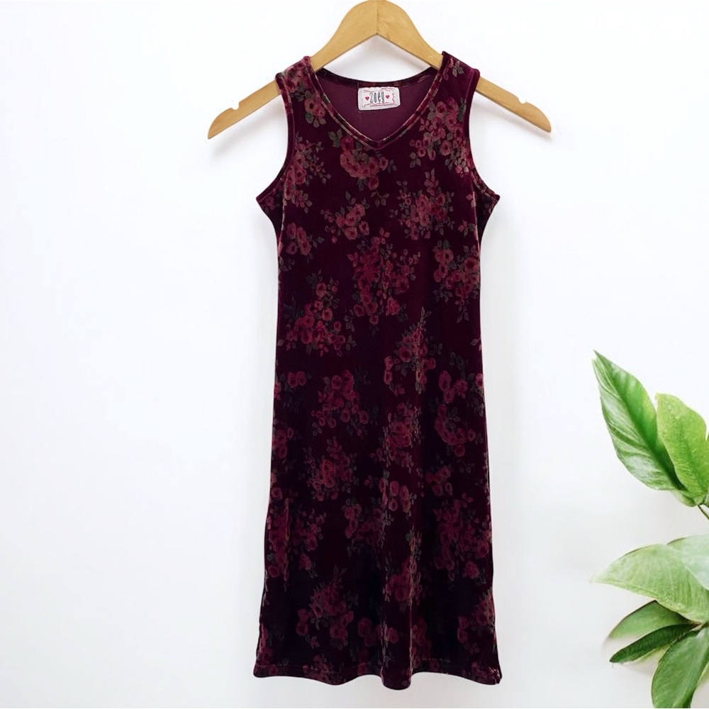 Vintage Y2K Velvet Burgundy Floral Mini Dress